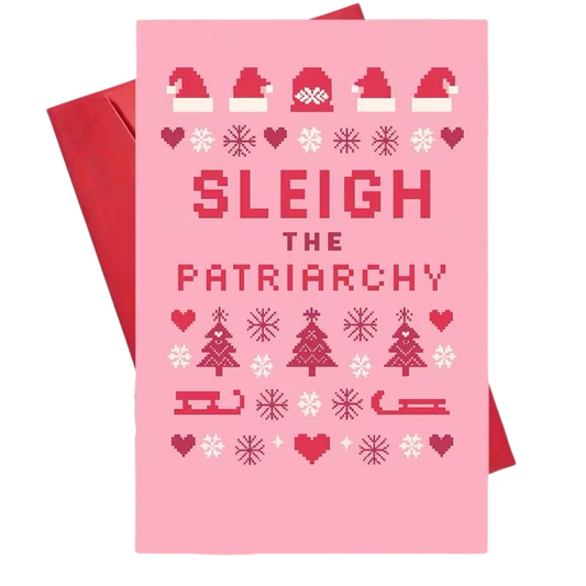 Sleigh the Patriarchy“ – Feministische Weihnachtskarte | Humorvolles Pixel-Design in Pink