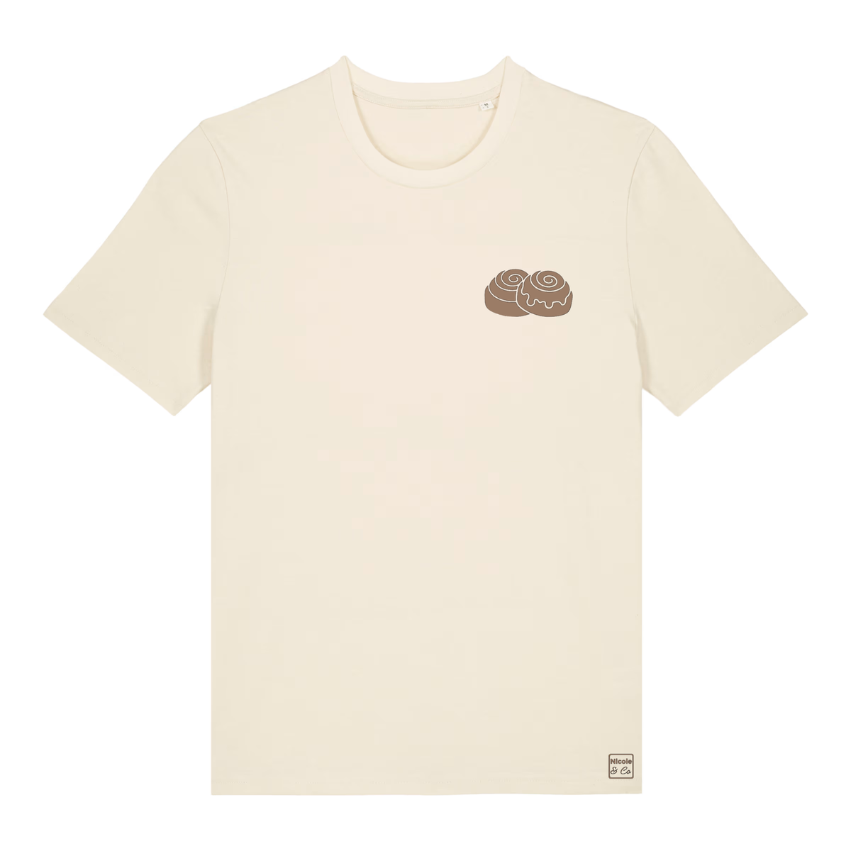 Natural Raw Bio-T-Shirt Vorderseite mit Zimtschnecken-Brustmotiv und Nicole & Co. Logo