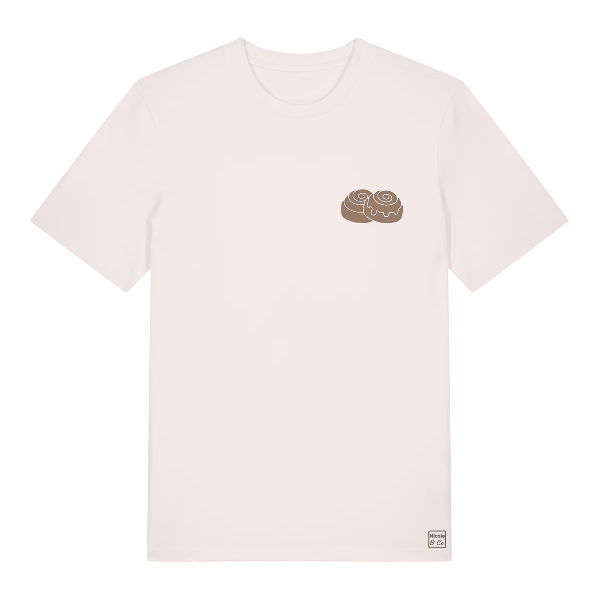 Vintage White Bio-T-Shirt Vorderseite mit kleiner Zimtschnecke auf Brust und Nicole & Co. Logo